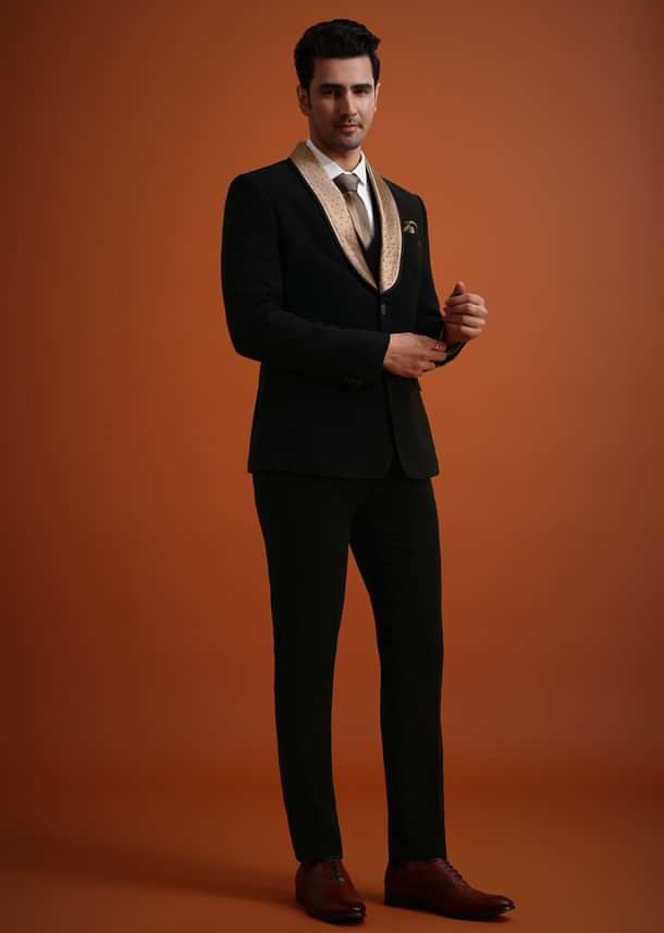 Black Tuxedo And Pant Set With Stone Work