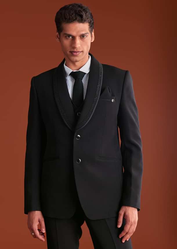 Black Cutdana Embroidereid Tuxedo Set With Accessories Black Cutdana Embroidereid Tuxedo Set With Accessories
