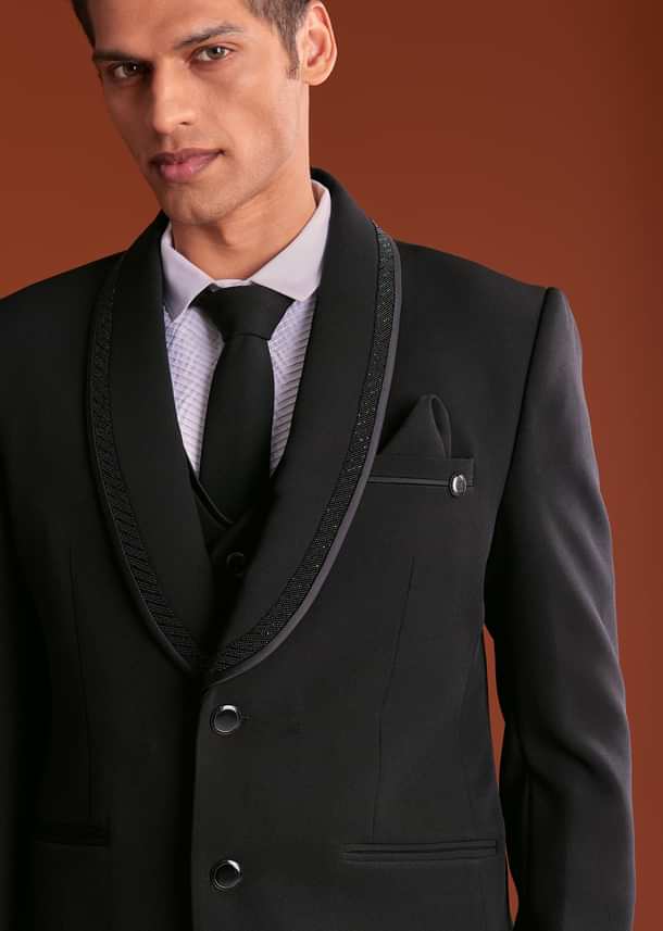 Black Cutdana Embroidereid Tuxedo Set With Accessories Black Cutdana Embroidereid Tuxedo Set With Accessories