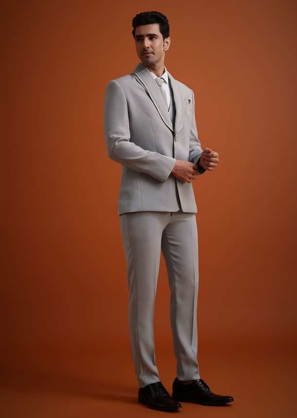 Silver Grey Cutdana Work Tuxedo And Pant Set Silver Grey Cutdana Work Tuxedo And Pant Set