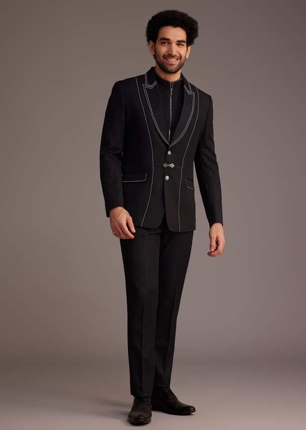 Black Suit With White Piping And Chain Detail