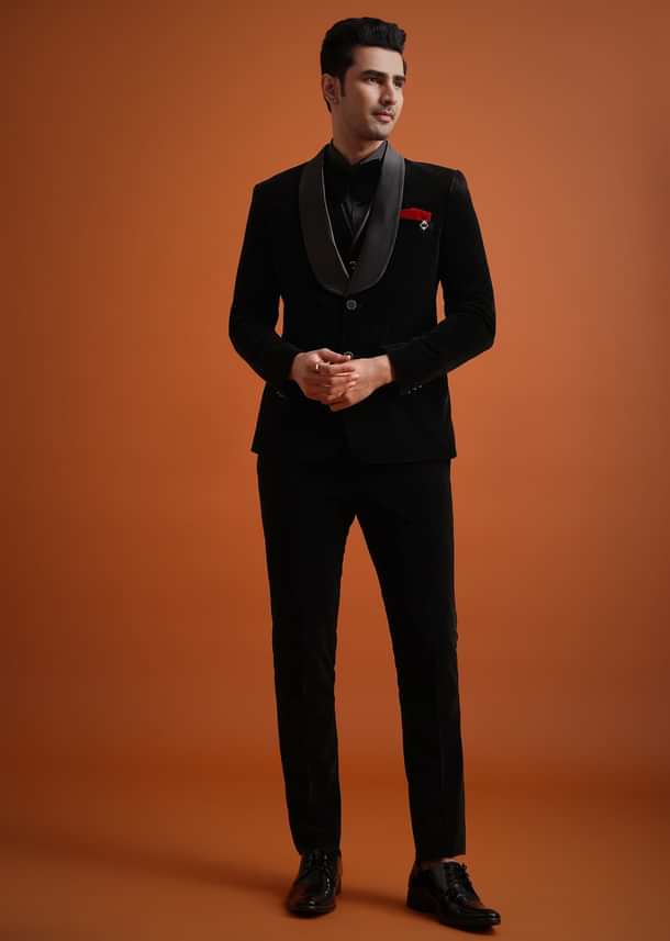 Black Velvet Tuxedo Set With Waistcoat And Bow Black Velvet Tuxedo Set With Waistcoat And Bow
