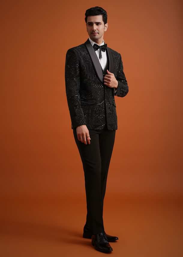 Black Cutwork Stone Embellished Tuxedo Set Black Cutwork Stone Embellished Tuxedo Set