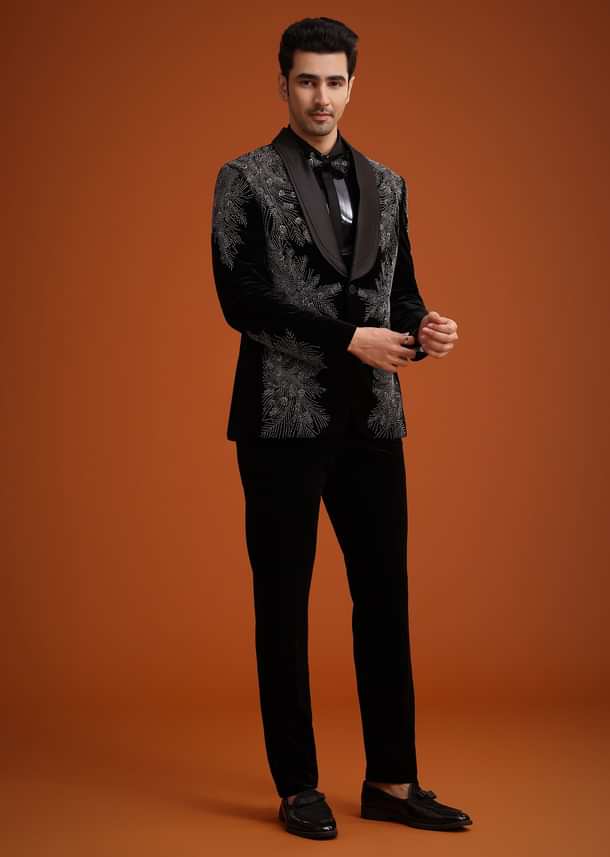 Black Micro Velvet Cutdana Embellished Tuxedo Set Black Micro Velvet Cutdana Embellished Tuxedo Set
