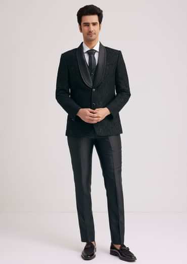 Black Silk Tuxedo With Stone Work And Net Detailing