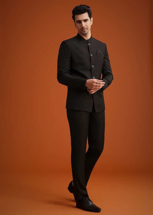 Black Jodhpuri Set With Pocket Square Black Jodhpuri Set With Pocket Square