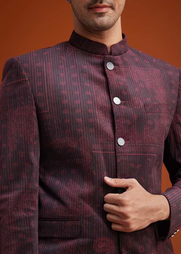 Maroon Printed Jodhpuri Suit With Pocket Square