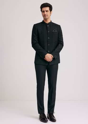 Black Silk Jodhpuri Suit With Floral Motifs And Cut Dana Work