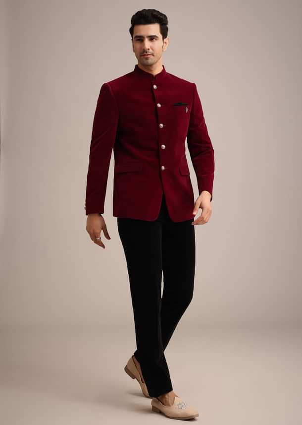 Red Micro Velvet Jodhpuri Set With Pocket Square Red Micro Velvet Jodhpuri Set With Pocket Square