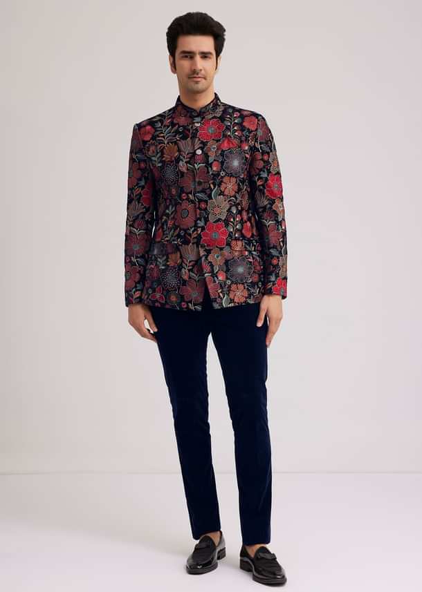 Coffee Brown Velvet Jodhpuri Set With Floral Embroidery