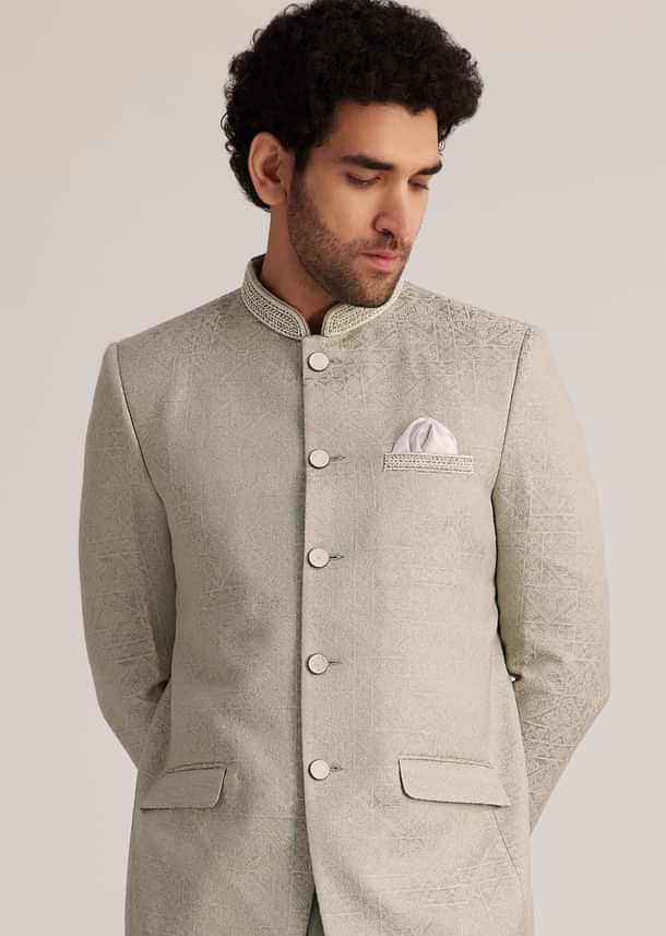 Pista Green Textured Bandhgala Suit