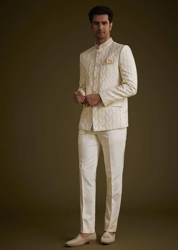 Beige Silk Textured Jodhpuri Suit With Cut Dana Accents