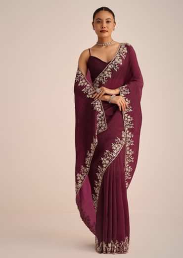 Wine Tissue Saree With Sequin And Cutdana Border And Unstitched Blouse