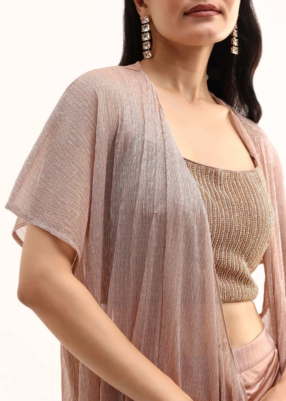Rose Gold Stone Embroidered Silk Crop Top Set With Jacket