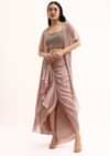 Rose Gold Stone Embroidered Silk Crop Top Set With Jacket