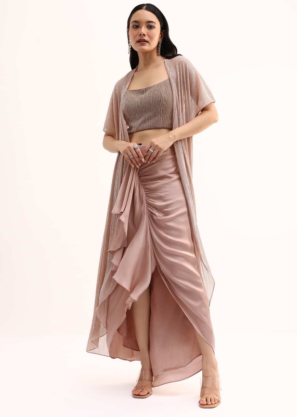 Rose Gold Stone Embroidered Silk Crop Top Set With Jacket
