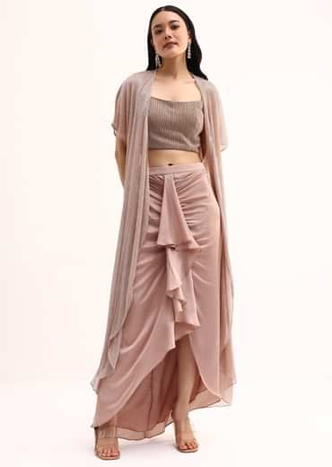 Rose Gold Stone Embroidered Silk Crop Top Set With Jacket