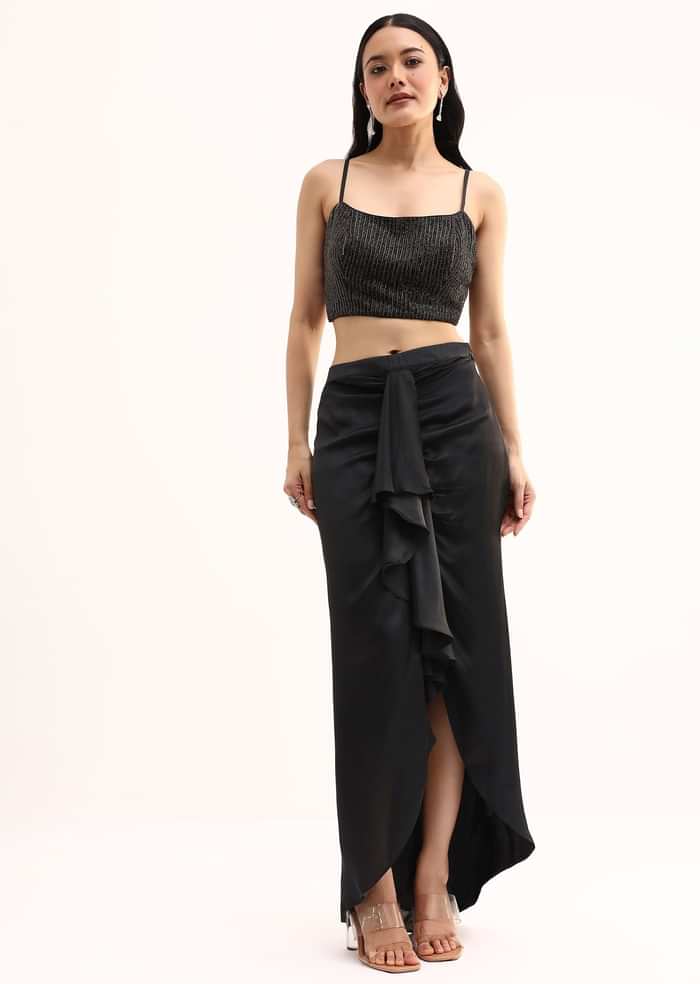 Black Stone Embroidered Silk Crop Top Set With Jacket