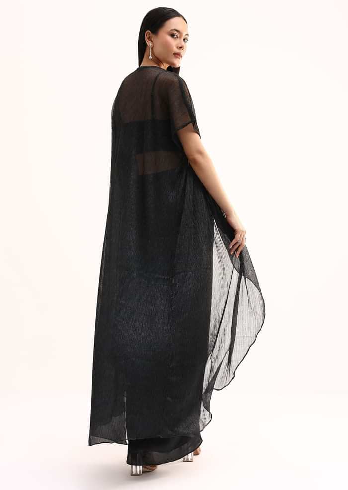 Black Stone Embroidered Silk Crop Top Set With Jacket