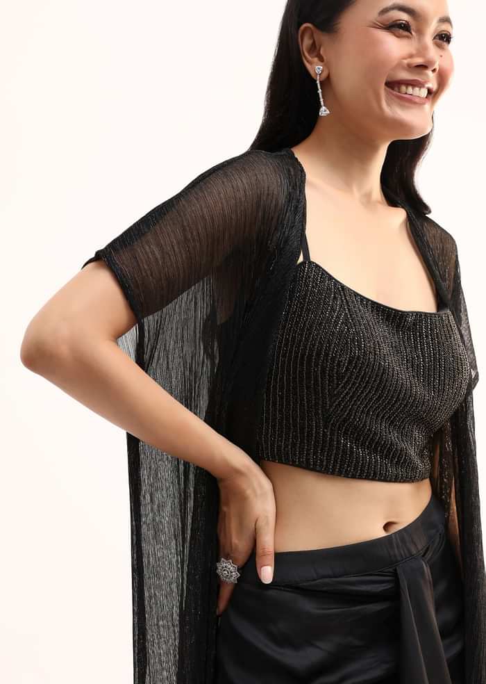 Black Stone Embroidered Silk Crop Top Set With Jacket