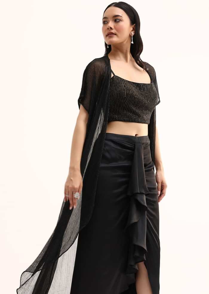 Black Stone Embroidered Silk Crop Top Set With Jacket