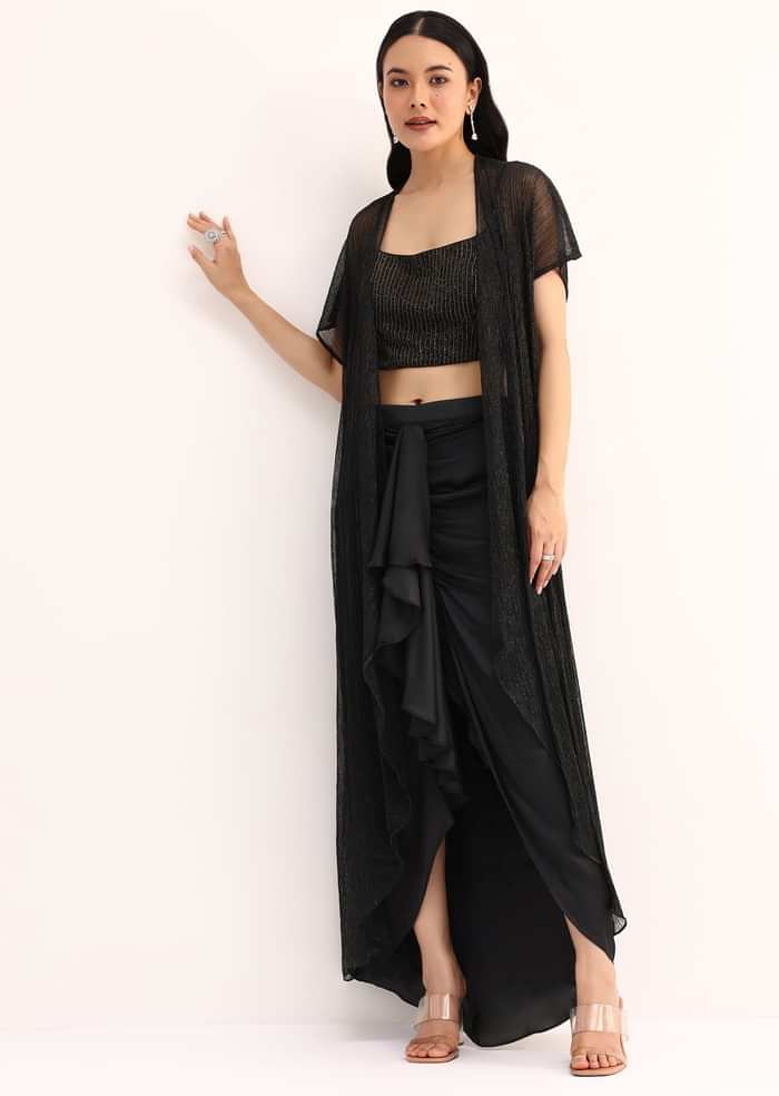 Black Stone Embroidered Silk Crop Top Set With Jacket