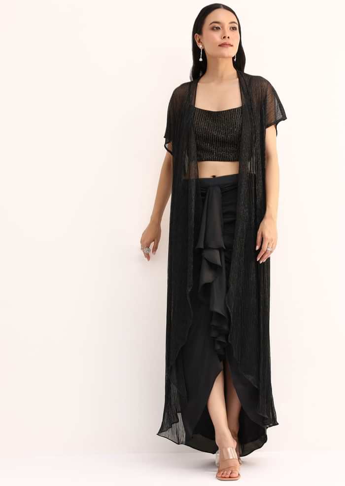 Black Stone Embroidered Silk Crop Top Set With Jacket