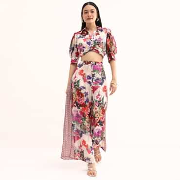 White Floral Printed Chinon Crop Top And Palazzo
