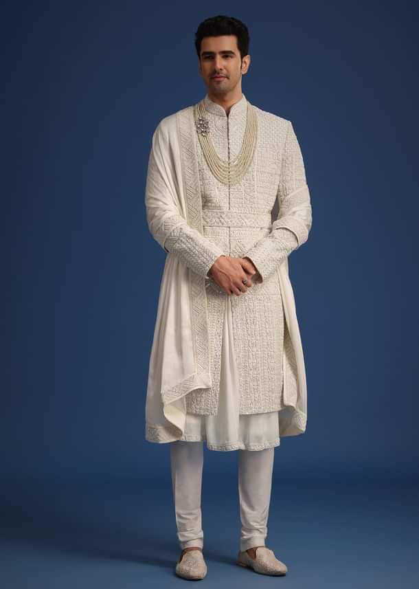 White Silk Embellished Sherwani Set With Kamarbandh