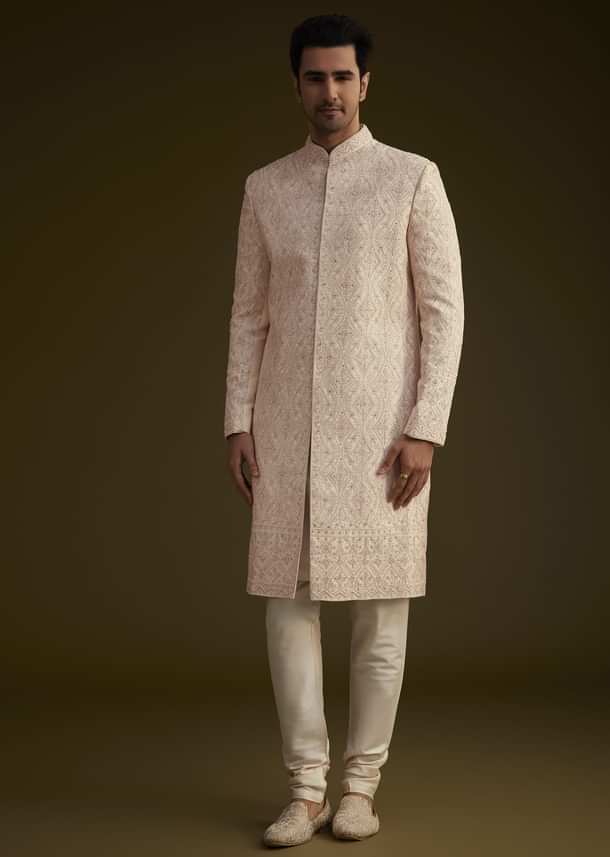 Light Peach Silk Sherwani Set With Dori Pearl And Stone Embroidery Light Peach Silk Sherwani Set With Dori Pearl And Stone Embroidery
