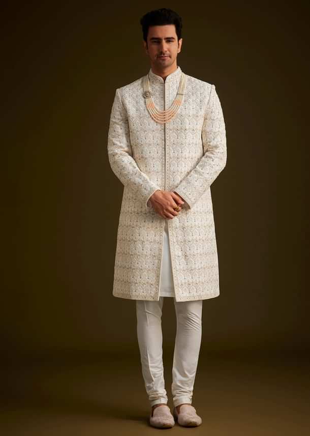 Ivory Embroidered Sherwani With Classic Pearl Detailing