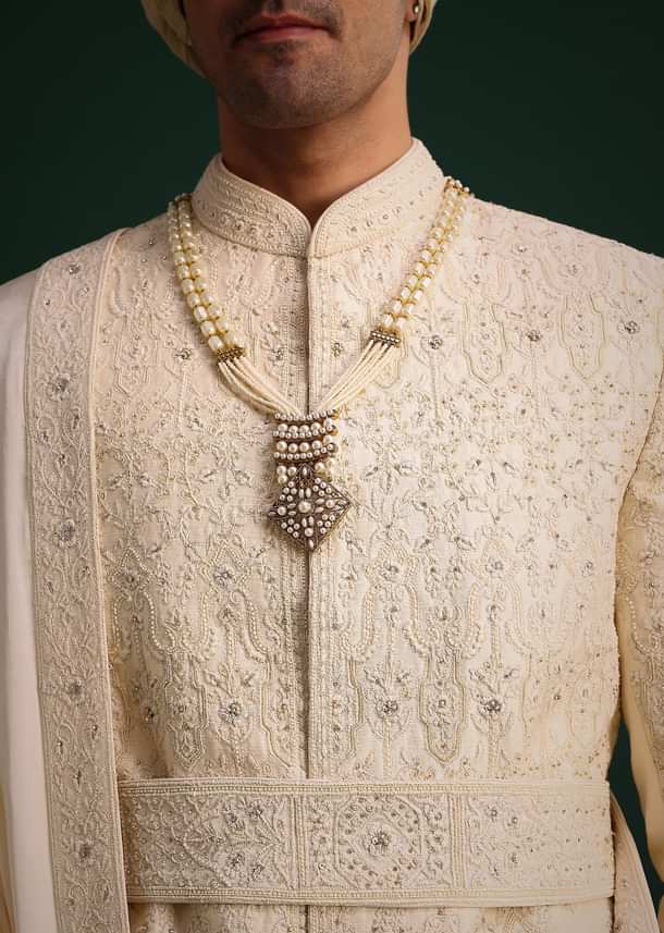 Light Gold Silk Sherwani Set With Kamarbandh And Mala