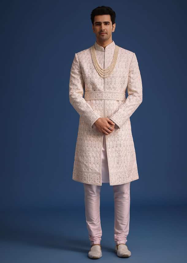 Light Pink Zari Work Silk Sherwani Set With Dupatta