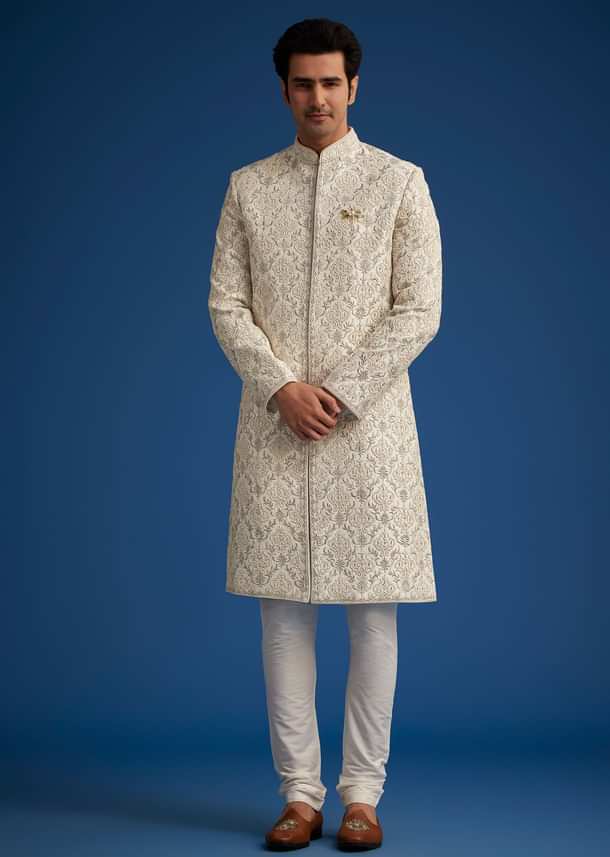Ivory Silk Sherwani With Resham Zari And Zardosi Work