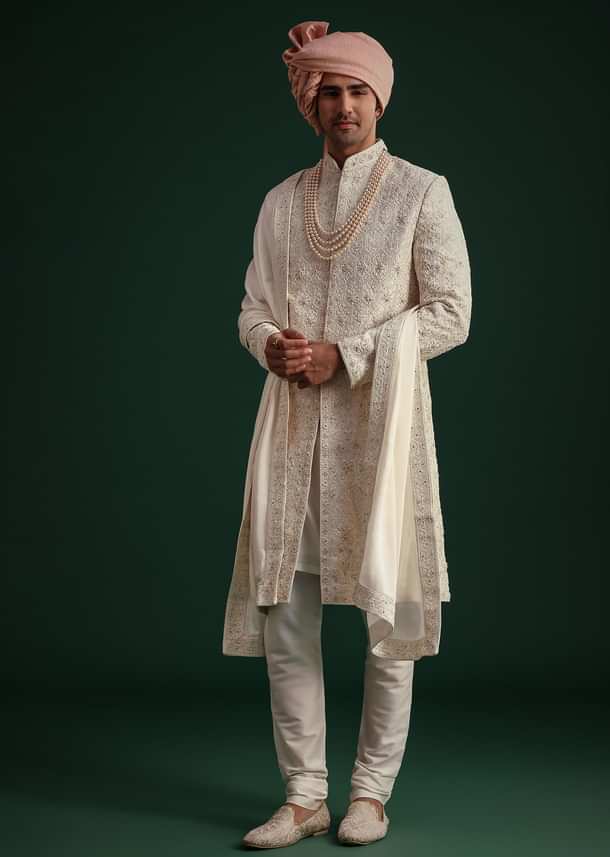 Off White Zari Embroidered Sherwani Set With Mala And Dupatta