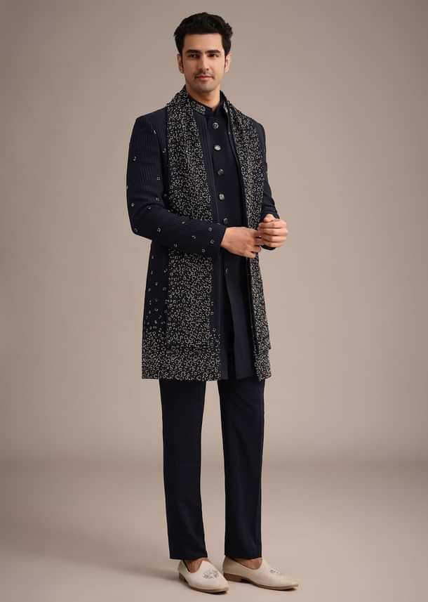 Navy Blue Cutdana Work Indowestern Set Navy Blue Cutdana Work Indowestern Set