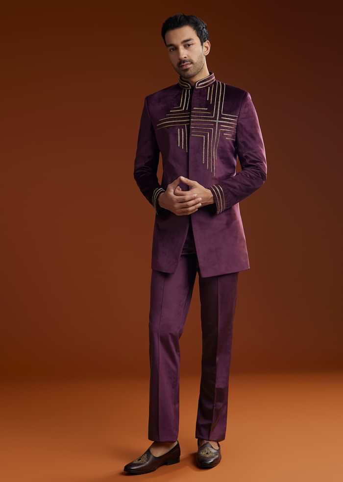 Wine Velvet Jodhpuri Kurta Trouser Set With Zari Embroidery