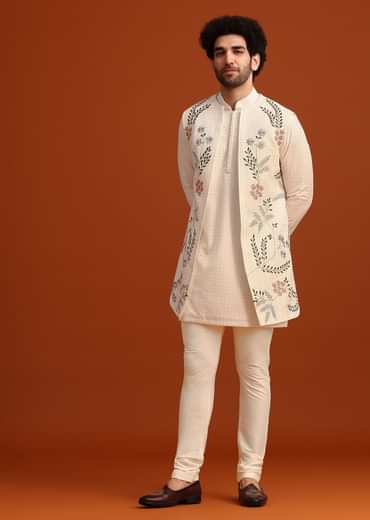 Ivory Silk Jacket And Kurta Set With Resham Work