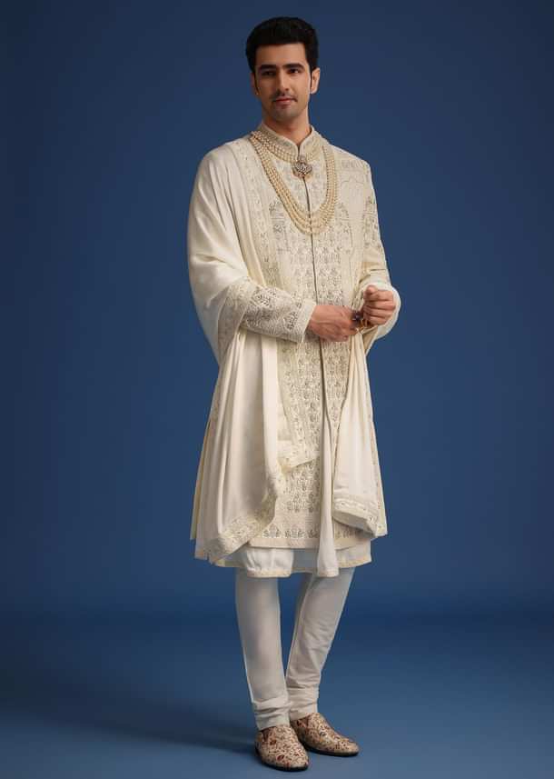 Beige Silk Zardozi Work Sherwani Set With Mala