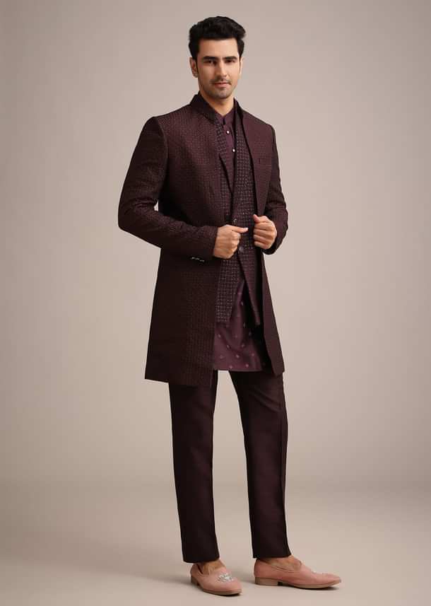 Wine Silk Indo Western And Kurta Set With Salli Work Wine Silk Indo Western And Kurta Set With Salli Work