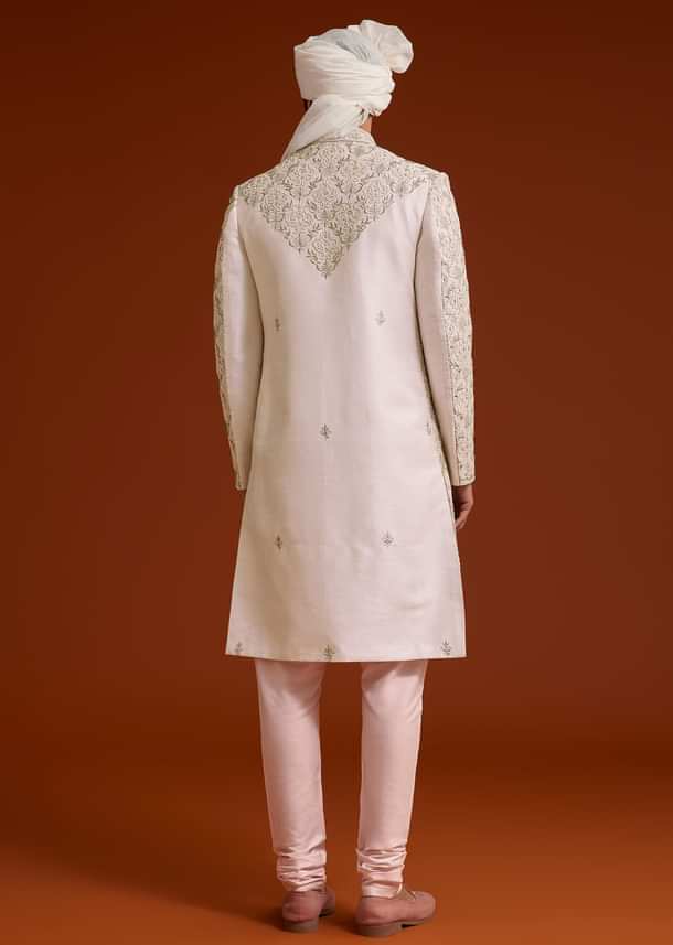 Pink Zari Pearl and Resham Embroidered Sherwani Set