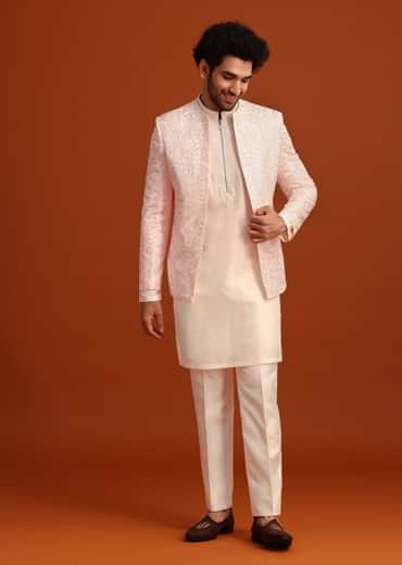 Pink Indo-Western Jacket And Kurta Set In Silk With French Knots