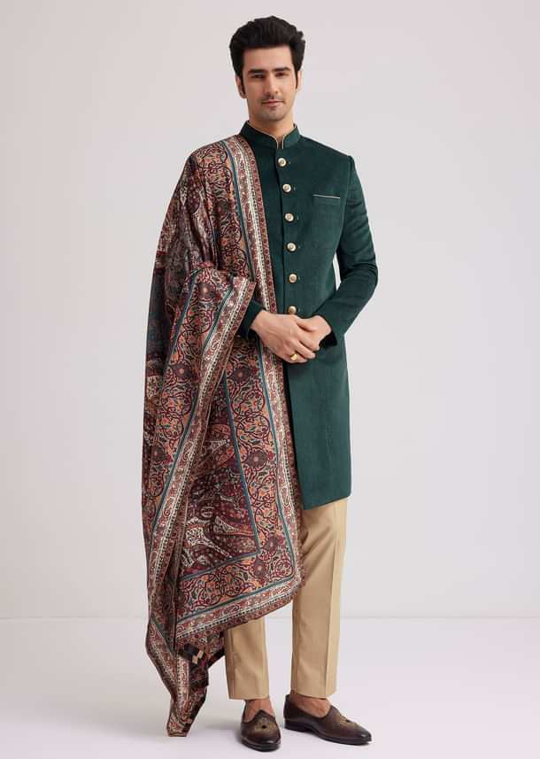 Green Velvet Nawabi Set With Printed Pashmina Dupatta