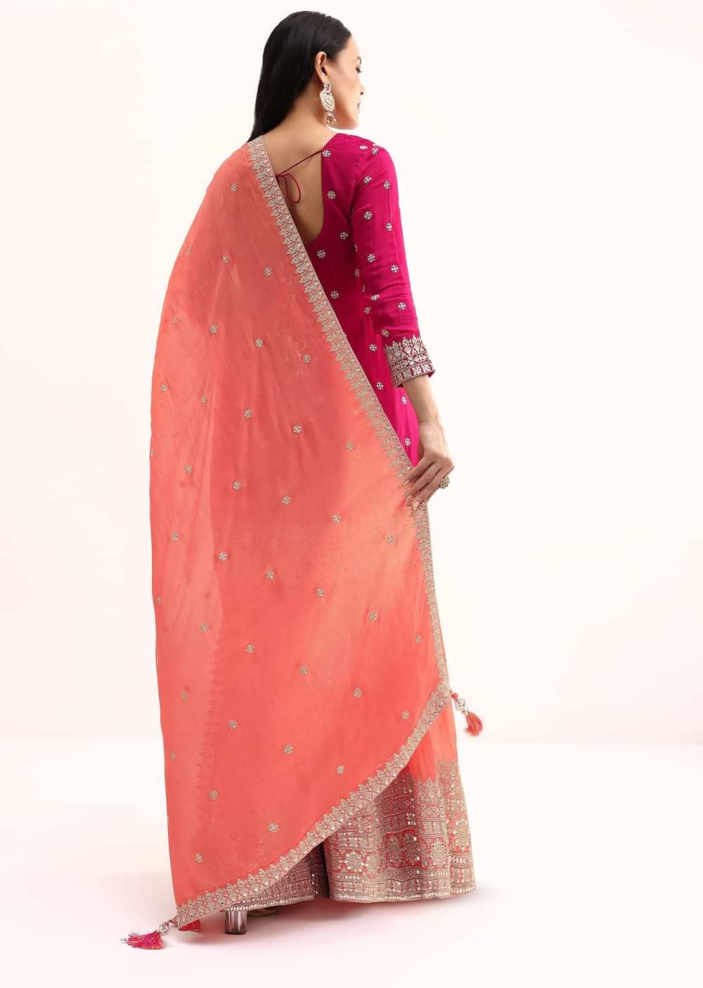 Pink And Peach Kurta Palazzo With Dupatta In Zari Work