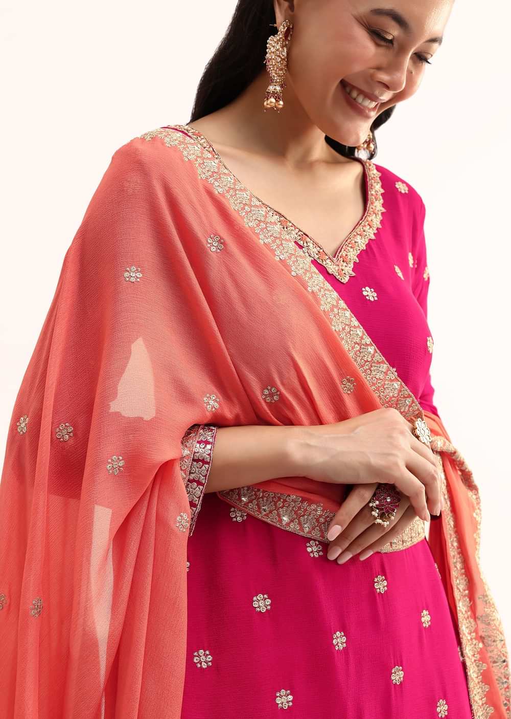 Pink And Peach Kurta Palazzo With Dupatta In Zari Work