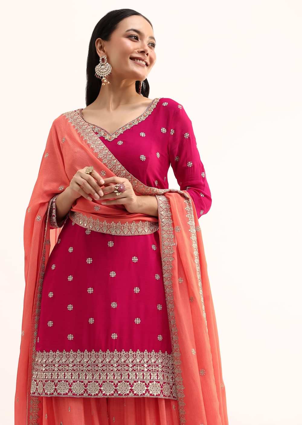 Pink And Peach Kurta Palazzo With Dupatta In Zari Work