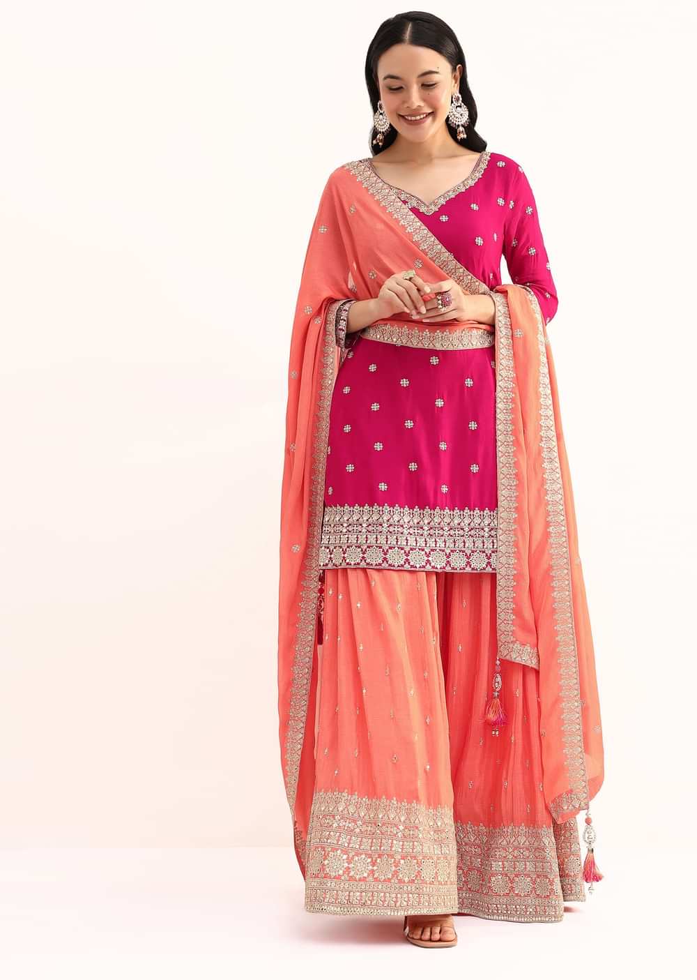 Pink And Peach Kurta Palazzo With Dupatta In Zari Work