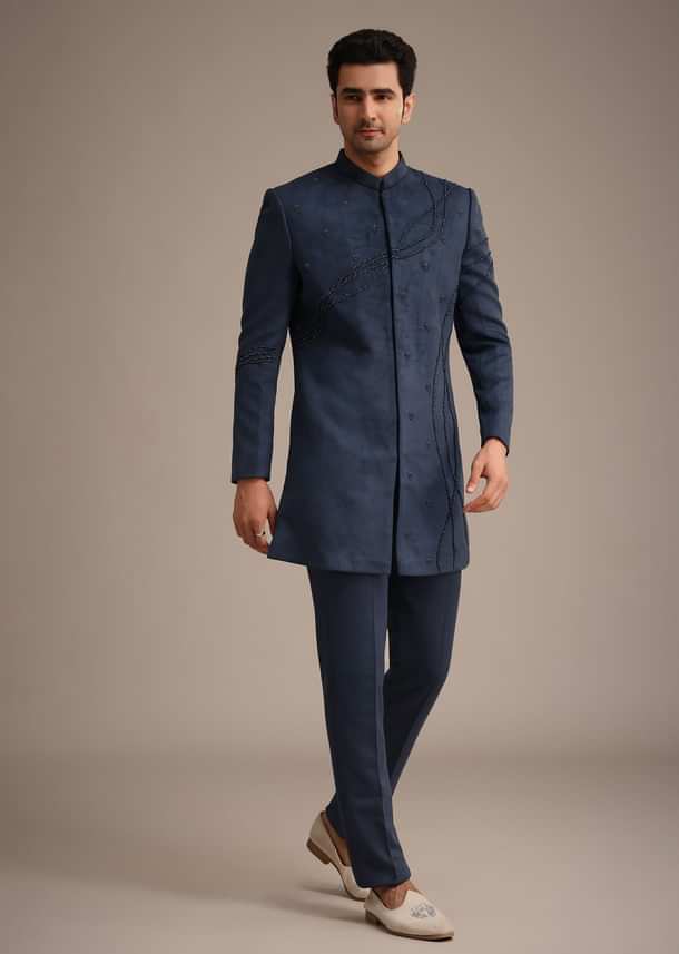 Navy Blue Indowestern Set With Dori Hand Work