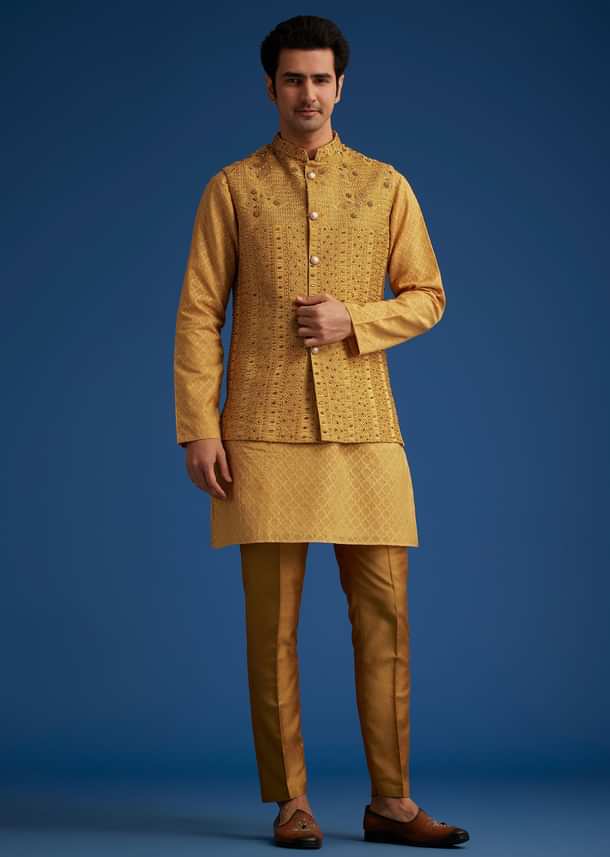 Yellow Cotton Linen Jacket With Stone And Thread Embroidery Yellow Cotton Linen Jacket With Stone And Thread Embroidery