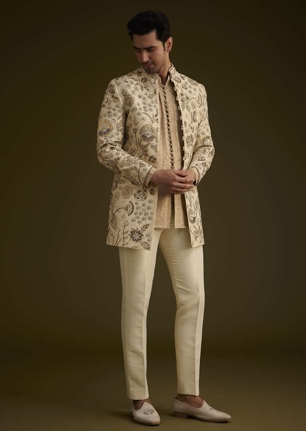 Beige Silk Indowestern Suit With Floral Zardosi Embroidery